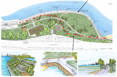  The Fullerton Revetment project will create 5.8 acres of new park land along the lake and aims to stabilize the shoreline while improving the bike and pedestrian paths that cut through the area. 