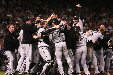 The Sox celebrate after winning Game 4 of the World Series against the Astros on Oct. 26, 2005 in Houston.
