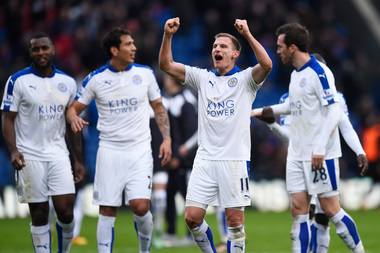 Marc Albrighton and Leicester City players celebrate their 1-0 win in the Barclays Premier League match between Crystal Palace and Leicester City at Selhurst Park on Saturday in London.
