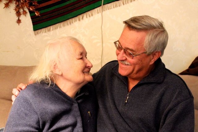 <p>Marcella Juszynski, 90, and her son, Tony, 68, share a smile.</p>
