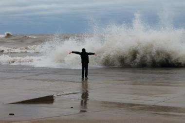 Waves reach frightening heights along Lake Michigan due to superstorm Sandy.