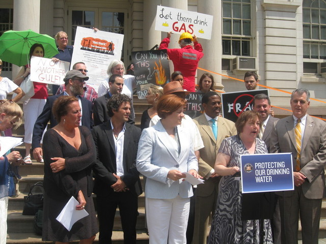 State Sen. Liz Krueger, joined by Council Speaker Christine Quinn and actor-turned-anti-fracking activist Mark Ruffalo.