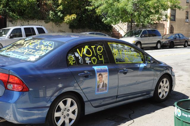 <p>A hand-decorated car for Mark Levine's campaign.</p>
