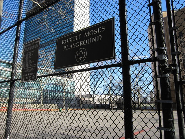 The western part of Robert Moses Playground, with UN in background, where the UN would build its office tower.