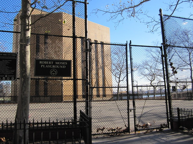 Western part of Robert Moses Playground, with Midtown Tunnel ventilator in background.