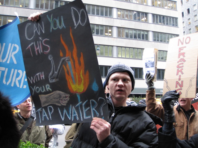 Environmental activists gathered outside the governor's Manhattan offices on Monday to speak out against hydrofracking.