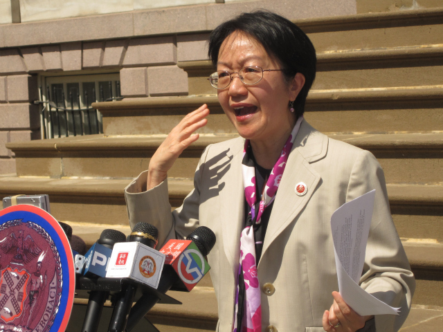 <p>Councilwoman Margaret Chin announced her counterfeit handbag legislation in front of City Hall in April 2011.</p>
