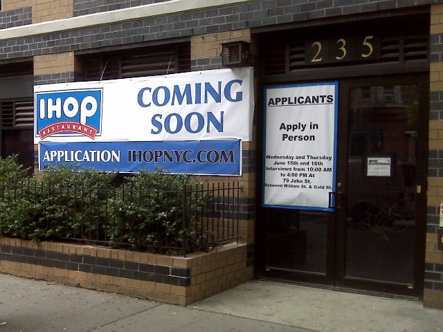 A sign went up last month announcing the arrival of a new IHOP on East 14th Street between Second and Third avenues.