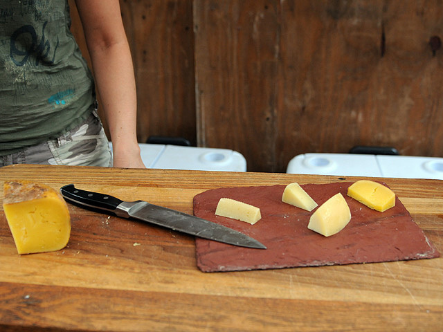 Freshly cut cheese at the Union Square farmers' market. 