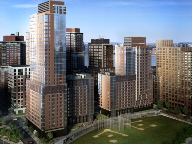 The Asphalt Green community center will face the Battery Park City ball fields in the base of two apartment towers.