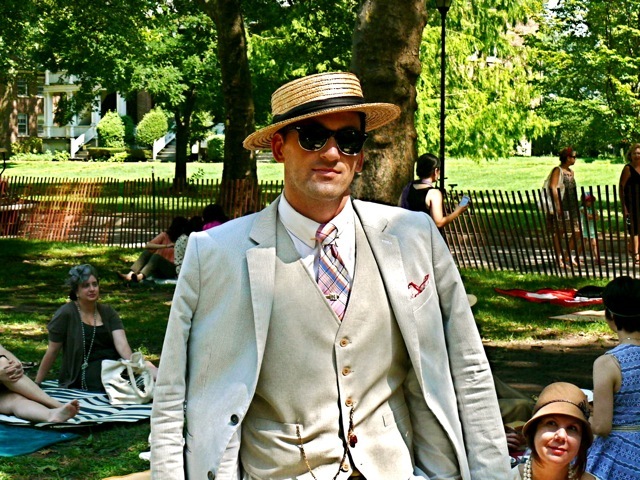 An ideal look for a summer garden party cool hues of pale gray and khaki topped off with a soft straw summer boater. 