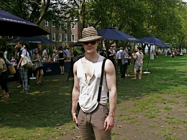 The very hip modern New York dandy approach to vintage inspired men’s fashion. His bib front sleeveless Henley shirt worked well with suspenders and brown trousers cropped at ankle length. 