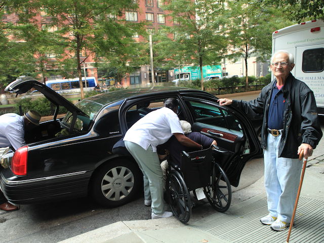 Residents at the Hall Mark of Battery Park City senior center began evacuating Aug. 26, 2011, as in anticipation of Hurricane Irene.
