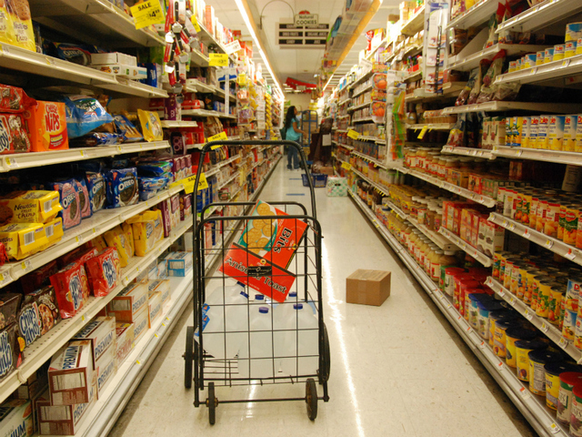 Linda Pietrafesa's cart at a Chelsea Gristedes. She was buying 10 gallons of water and batteries (along with crackers).