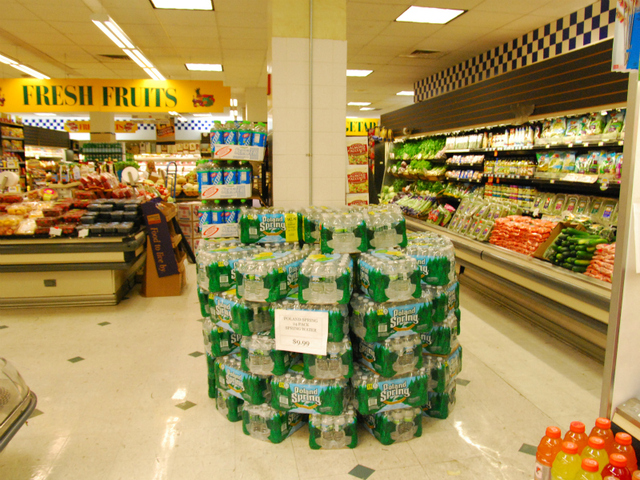 An extra display of bottled water at Gristedes in Chelsea. 
