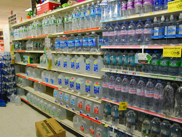 The Chelsea Gristedes Mega Store's bottled water section began to get hit on the morning of Friday, Aug. 26, 2011, as residents prepared for a possible hurricane. 