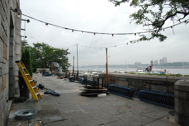 The Boat Basin Cafe cleared its terrace of furniture and tied down chairs in preparation for Hurricane Irene.