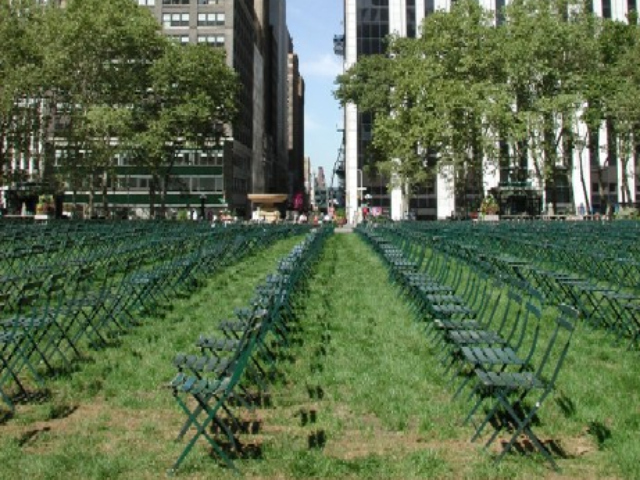 The Bryant Park Corporation arranged 2,752 empty chairs on the park's main lawn to honor those who died at the World Trade Center. This photo is from 2002, when the same exhibit to staged for the first anniversary of the attacks.