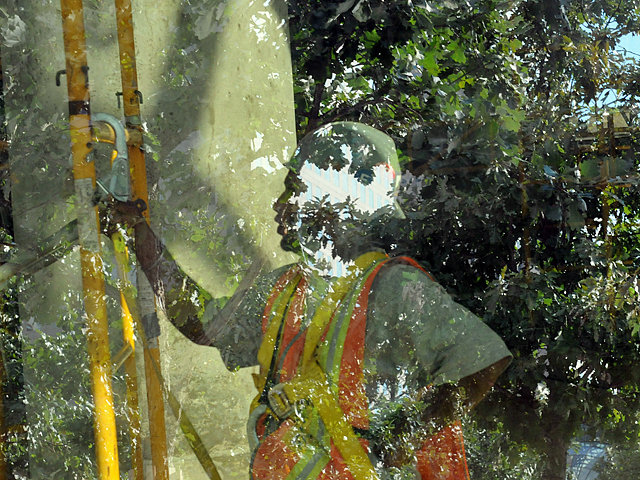 A worker inside the 9/11 Museum pavilion. 