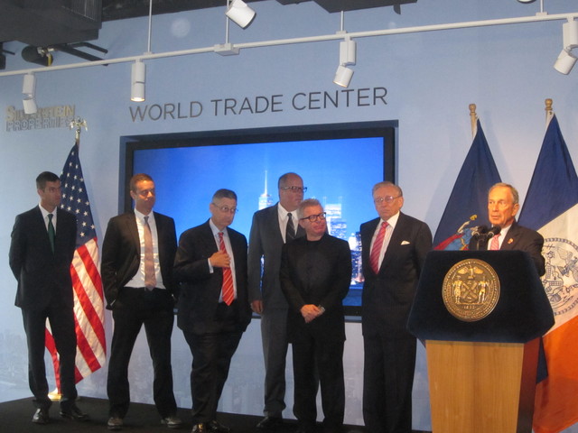 From right, Mayor Michael Bloomberg, developer Larry Silverstein, architect Daniel LIbeskind, Port Authority Executive Director Chris Ward, Assembly Speaker Sheldon Silver and 9/11 Memorial President Joe Daniels discussed World Trade Center rebuilding Sept. 7, 2011. 