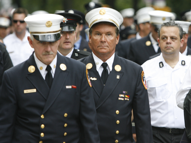 Members of the FDNY march in the Labor Day Parade on Fifth Avenue on Sept. 10, 2011.