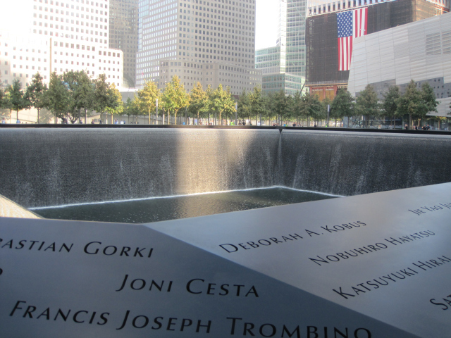 The names of those who died of 9/11 were etched in bronze around the reflecting pools.