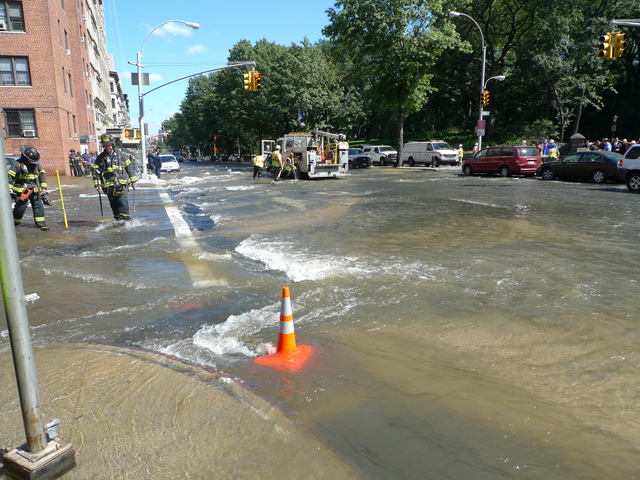 Central Park West and West 106th Street were flooded after a water main break on Monday morning.