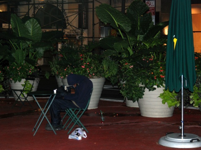 A man sleeps on Broadway's pedestrian plazas in the early morning hours of Tues., Sept. 20.