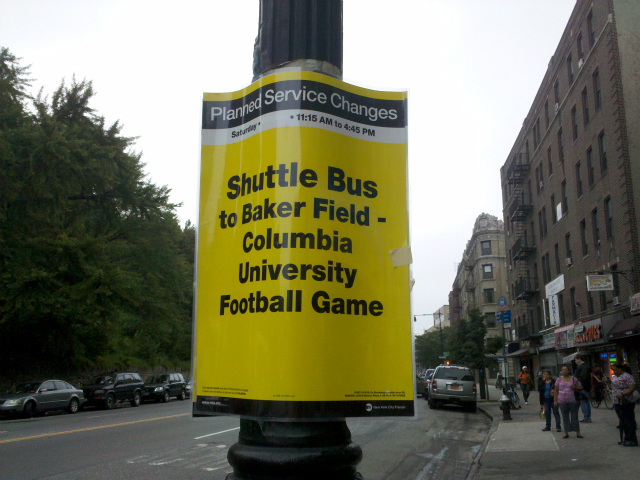 Columbia University football gamegoers can take a shuttle bus from the last A train stop in Inwood to 218th Street and Broadway.