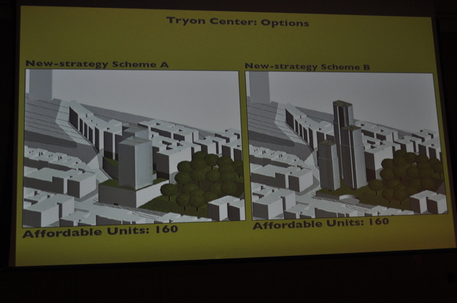 Two renderings of skyscraper plans that would include affordable housing elements if approved.