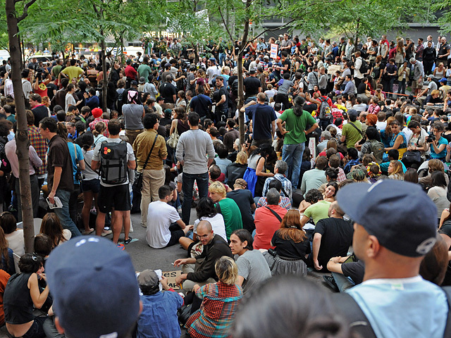 The crowd at Zuccotti Park on Sept. 30, 2011, where Occupy Wall Street protesters have gathered and Radiohead was supposed to play