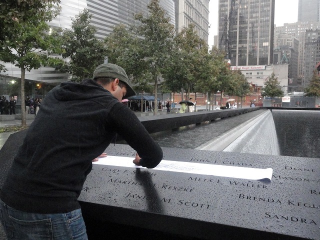 Gregory Gray, 25, of the Upper East Side, came to make a rubbings from the name of his aunt, who died in the attack on the Pentagon. He made three, two for family in the DC area and one for himself. 