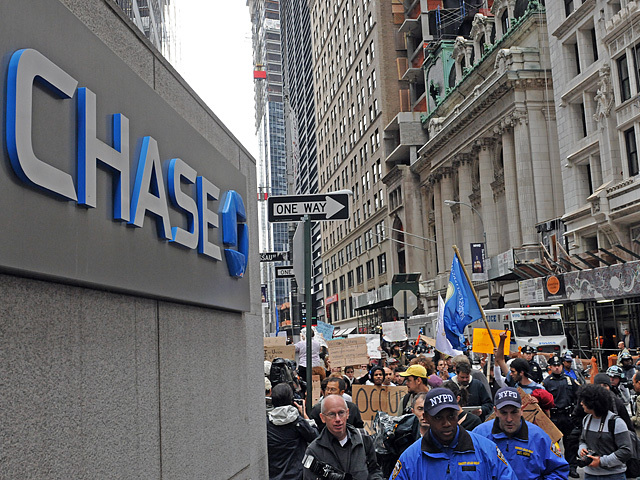 Protesters marched from Zuccotti Park one block to Chase One Manhattan Chase Plaza. 