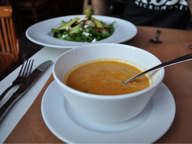 A Le Cheile pumpkin and garbanzo bean soup and tossed green salad.