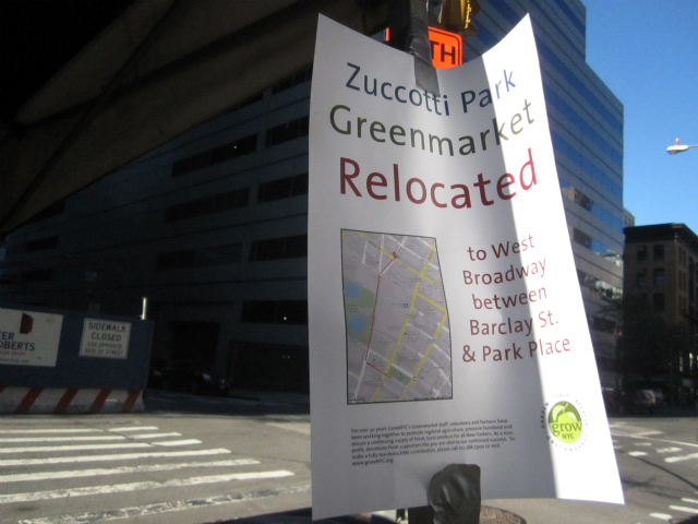 Flyers told passersby that the Zuccotti Park Greenmarket had moved. 