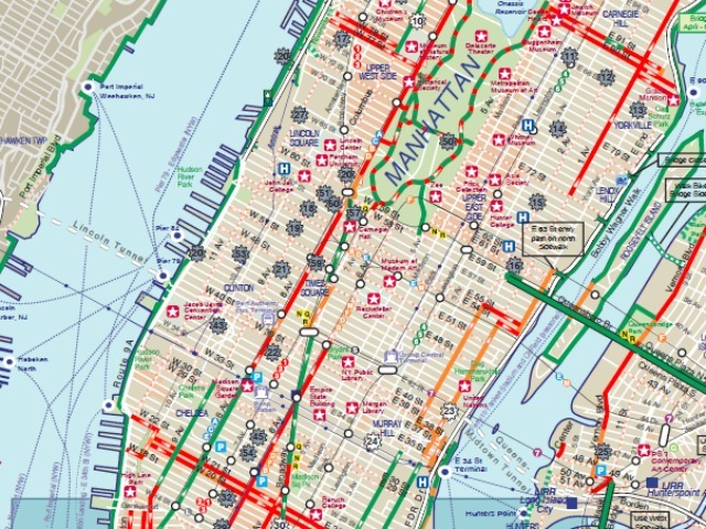 Midtown's existing bike network. As the map shows, Sixth Avenue's bike lane currently ends at Bryant Park.