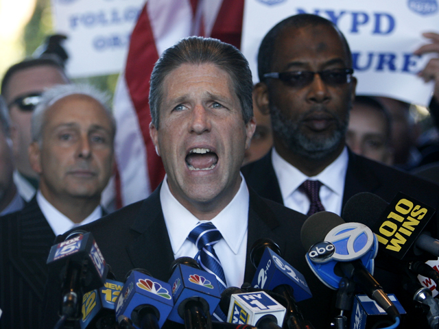 Patrolmen's Benevolent Association President Pat Lynch speaks to the media after cops were arraigned on ticket-fixing charges.
