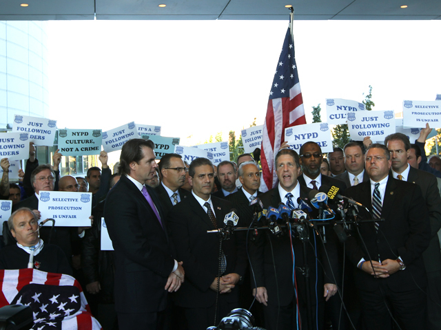 Pat Lynch speaks to the media after cops were arraigned on ticket-fixing charges.