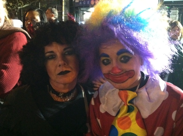 <p>Kim, 44, (L) from New Jersey, dressed up as "Mysterious Misty," while her 18-year-old daughter, Kelsey, dressed as "Krispy the clown" for the Greenwich Village Halloween parade, Oct. 31, 2011.</p>

