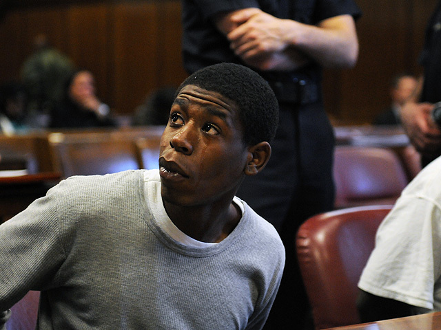 Tears stream down the face of Shakar Barksdale, 18, one of the alleged members of Harlem's Goodfellas gang, at his arraignment on Nov. 4, 2011.