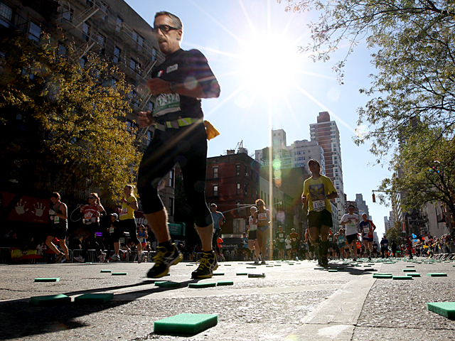 <p>Runners head towards the finish line of the New York City Marathon on No. 6th., 2011.</p>
