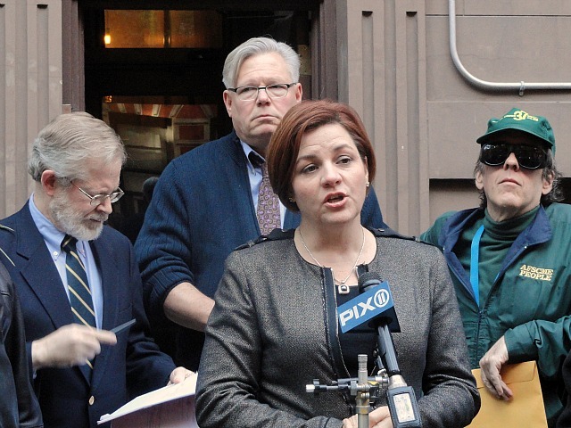 City Council Speaker Christine Quinn speaks out against evictions at a rally at 221 W. 16th St. on Nov. 6, 2011.