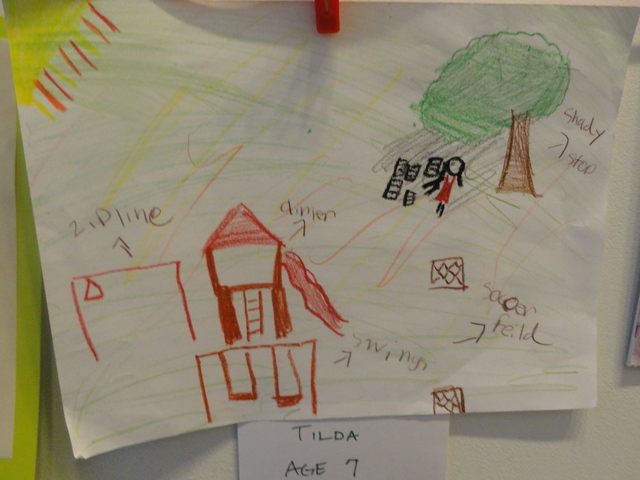 Kids submitted drawings of what they hope the quarter-acre park will look like when it's finished. 