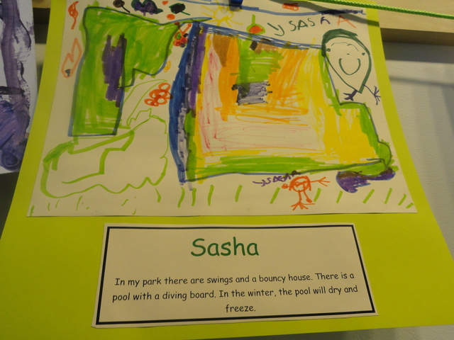 This fingerpainted picture of a future 20th Street Park in Chelsea was on display at Sunday's event.