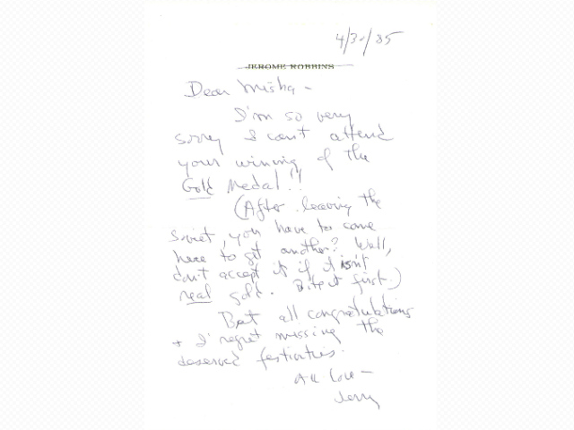 A letter to Baryshnikov from Jerome Robbins.