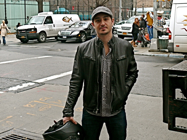 Michael C. in trim fitted biker style, Thompson Street SoHo.