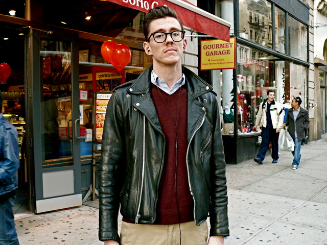 Andrew H.'s slick and hip 50s grooming with modern crop pants and biker jacket, SoHo.