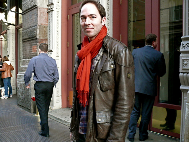 Dushan K. in a Belstaff classic jacket with spice colors, in SoHo.