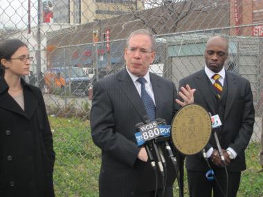 Manhattan Borough President Scott Stringer outside a vacant site on Lenox Avenue and 125th Street. Stringer released a report that said a Walmart in the area could close 66 food retail businesses within two years.