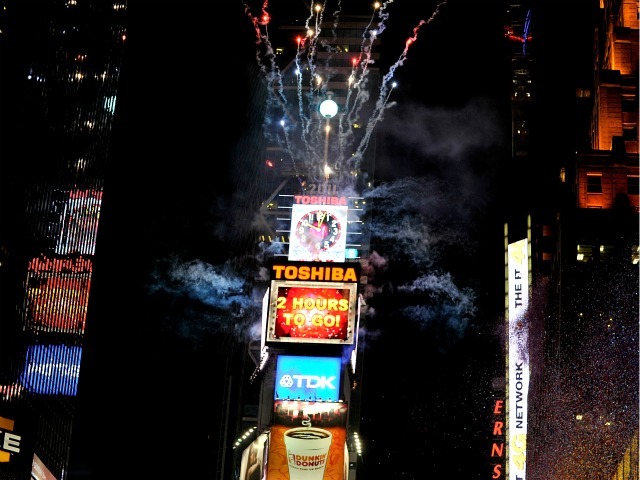 A view of the atmosphere during New Year's Eve 2011 with Carson Daly at Times Square on December 31, 2010 in New York City. 